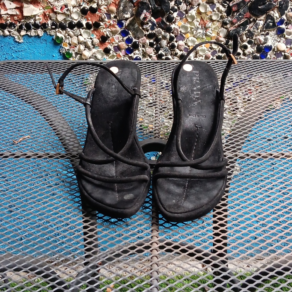 Vintage Prada Suede Strappy Wedge Sandals With Brass Buckle